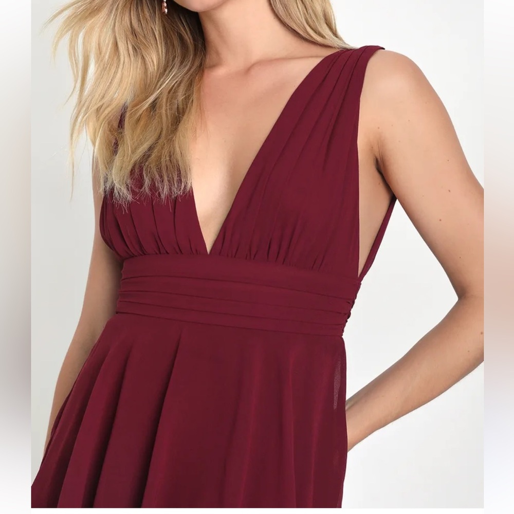 LULUS NWT Heavenly Hues Burgundy Evening/Bridesmaid V-Neck Goddess Maxi Dress M - Picture 2 of 16